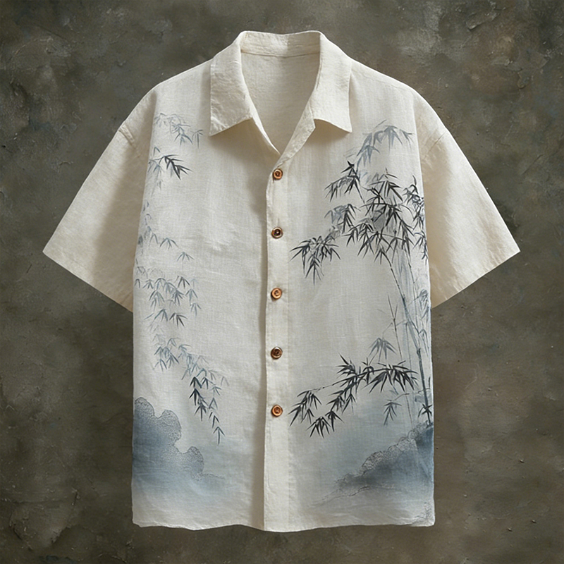 Men's Japanese-style Tie-dye Bamboo Pattern Linen Short-sleeved Shirt  artssus