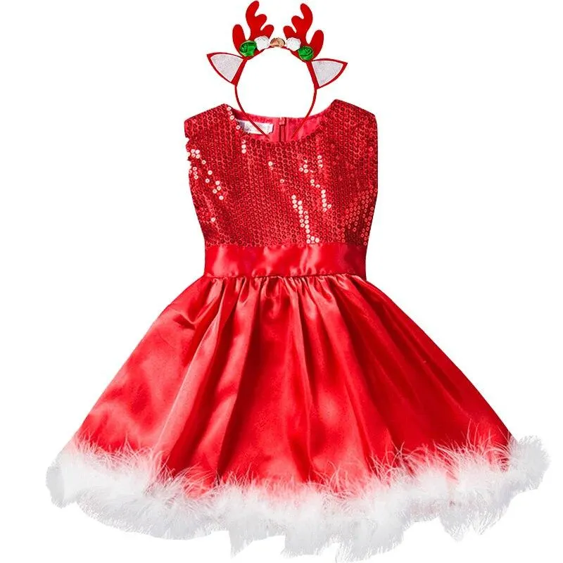 Santa Claus Girls Xmas Party Dress Kids Christmas Dresses New Years Girl Vestido Fancy Christmas Dress Girl Long Sleeves Red