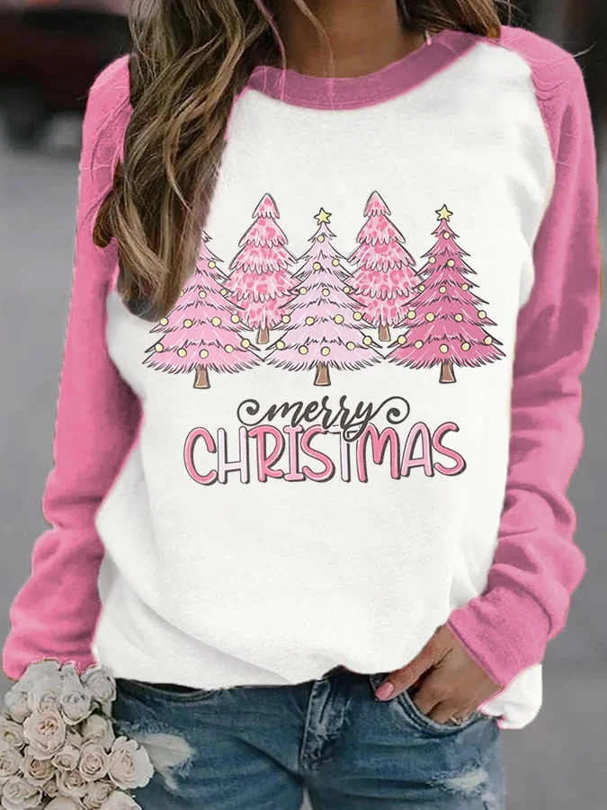 Women's Pink Tree Mreey Christmas Print Casual Sweatshirt