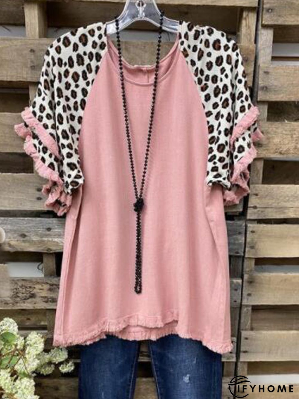 Casual Round Neck Leopard Cotton-Blend T-shirt | IFYHOME