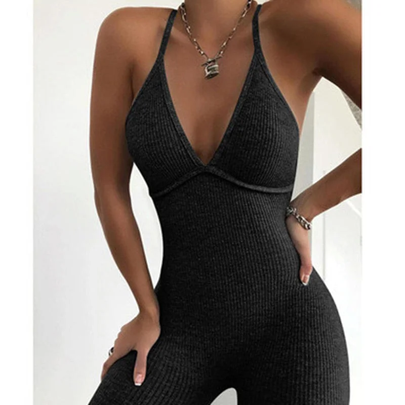 Summer Casual Sport Fitness Streetwear Female Jumpsuit Sexy V Neck Backless Skinny Elastic Jumpsuit Women Outfit