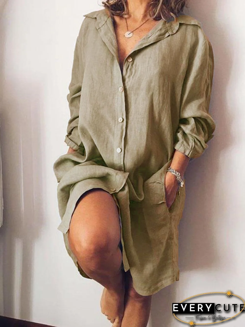 Casual V Neck Long Sleeve Solid Weaving Dress