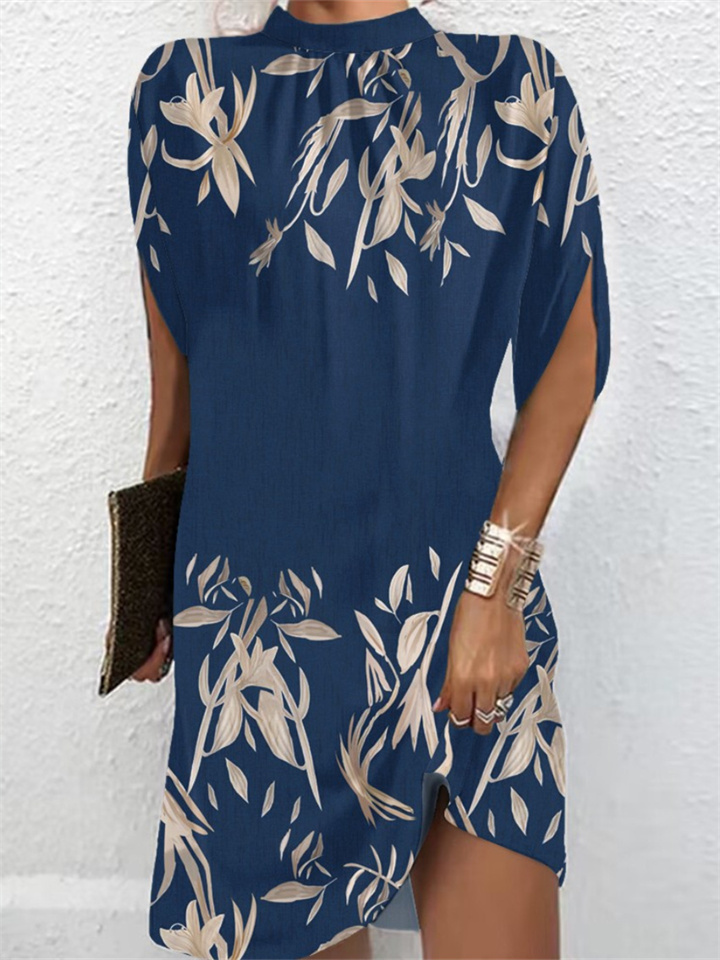 Women's Fashion Round Neck Loose Short-sleeved Bat Sleeve Round Neck Dress Printed Dresses