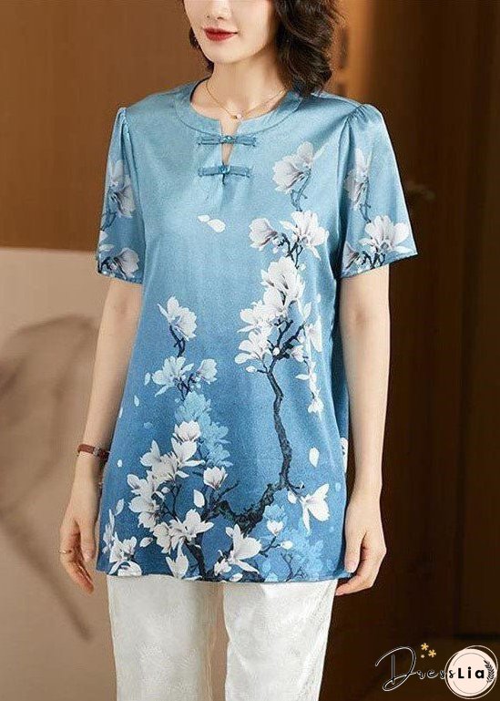 Style Sky Blue O-Neck Oriental Button Floral Print Silk Tank Top Short Sleeve