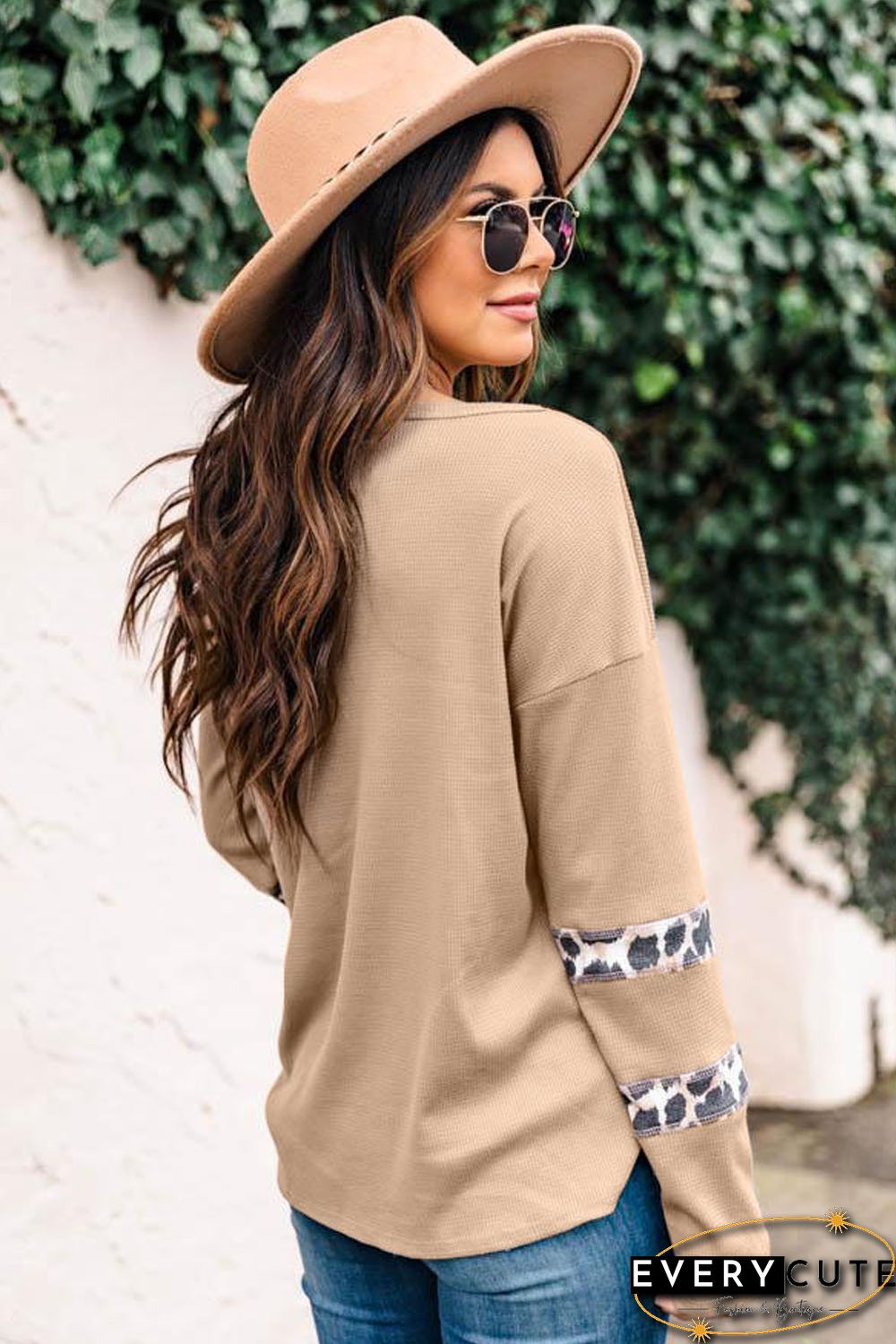Khaki Animal Print Splicing Drop-shoulder Top