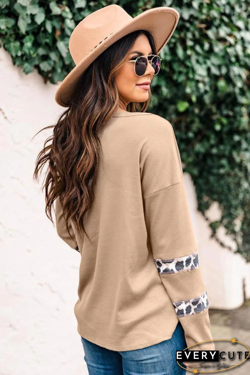 Khaki Animal Print Splicing Drop-shoulder Top