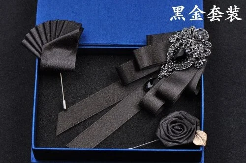 High-quality Fashion Handmade Red Diamond Bow Tie Wedding Collar Bowtie Brooch Pocket Towel Square Set Gifts for Men Accessories