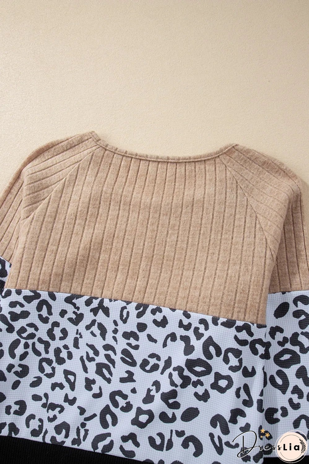 Black Cheetah Textured Patchwork Buttoned Round Neck T Shirt