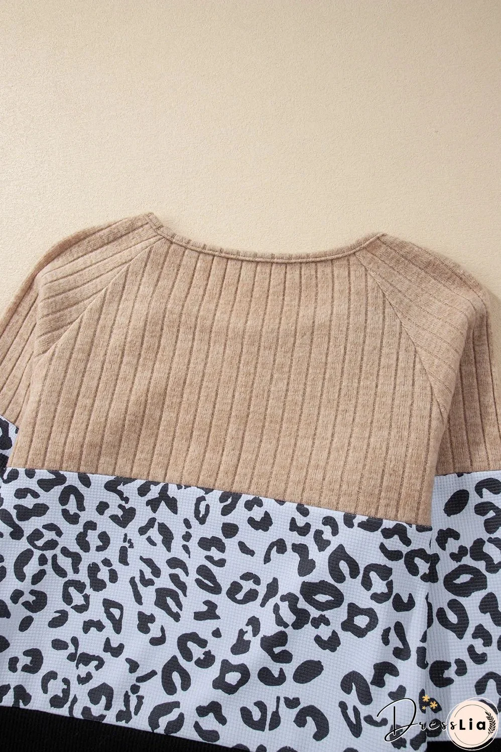 Black Cheetah Textured Patchwork Buttoned Round Neck T Shirt