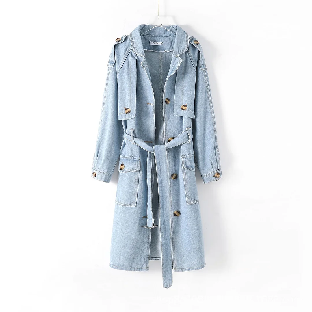 Women's Long Denim Trench Coat Lapel Long Sleeve Single Breasted Denim Jacket with Belt