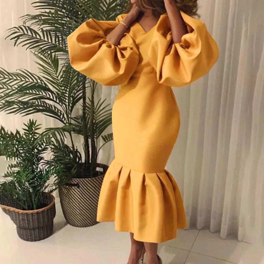 Uveng Commute Plus Size Women's Fashion Solid Color V-neck Bubble Long Sleeve Fishtail Dress