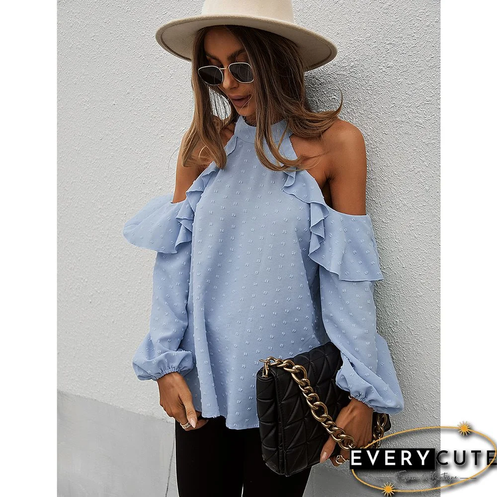 Light Blue Ruffle Cold Shoulder Long Sleeve Tops