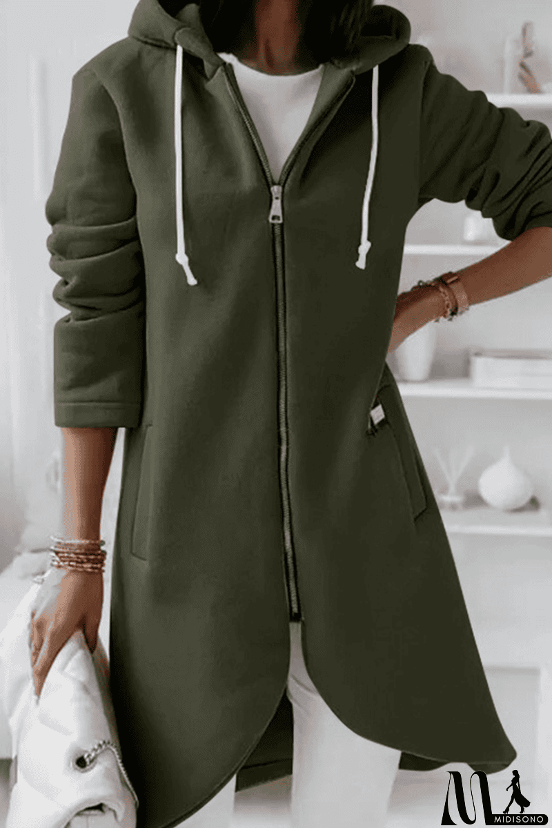 MidiSono - Casual Solid Draw String Zipper Hooded Collar Outerwear(8 Colors)