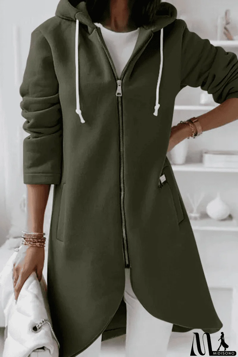 MidiSono - Casual Solid Draw String Zipper Hooded Collar Outerwear(8 Colors)