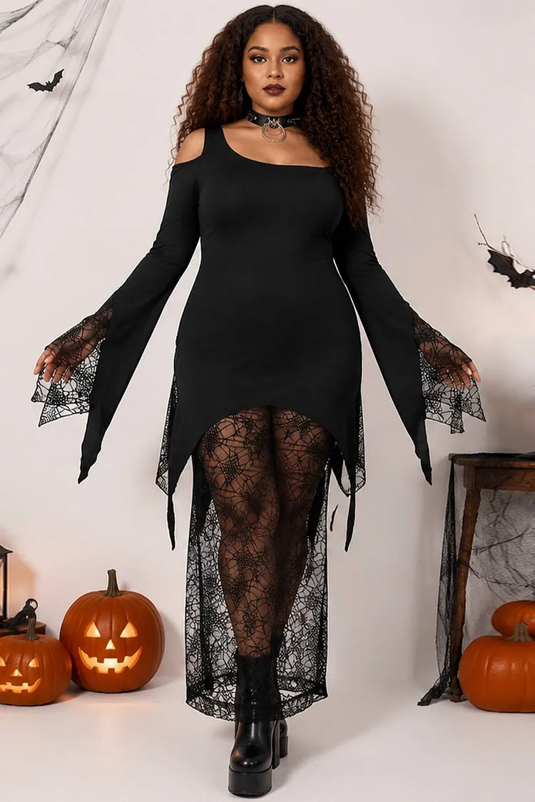 Xpluswear Design Plus Size Halloween Costume Gothic One Shoulder Long Sleeve Lace Two Piece Pants Set（Ships 24h） 2024 - Xpluswear