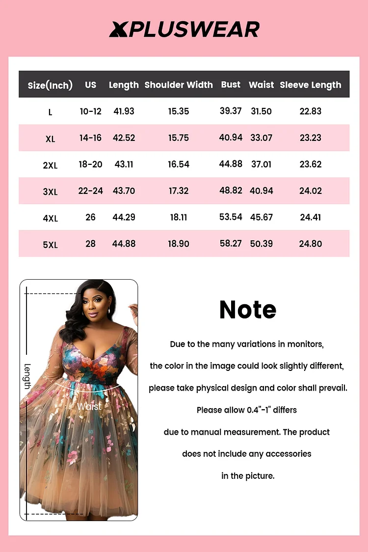 Xpluswear Design Plus Size Cocktail Party Multicolor V Neck Long Sleeve Tulle Midi Dresses