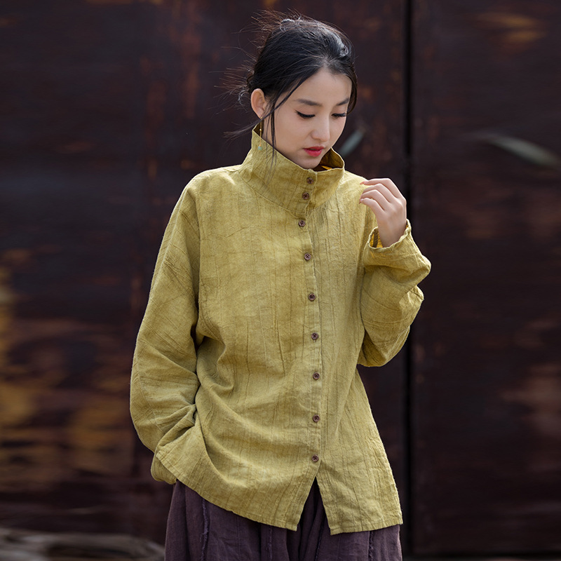 Original Linen-Cotton Dyed Loose High-Neck Open-Front Shirt