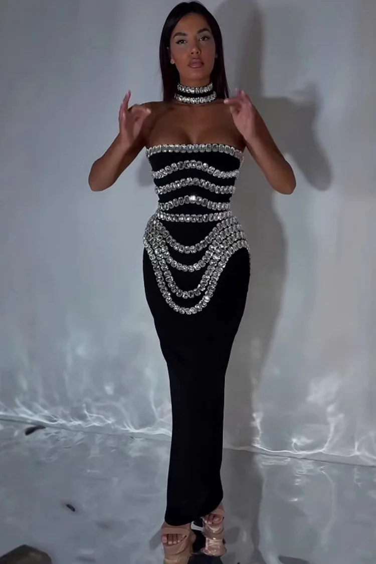 Crystal Embellishments Strapless Choker Neckline Maxi Dress-Black