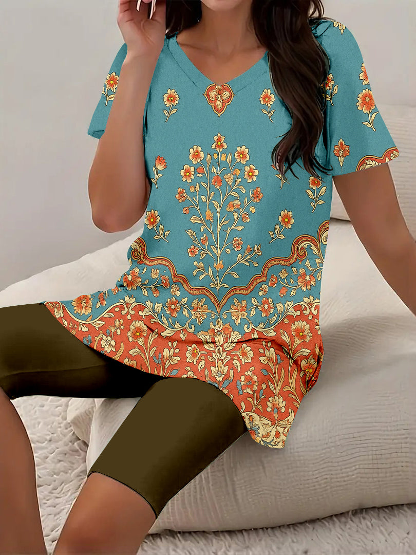 Women Long Sleeve V-neck Graphic Floral Printed Top