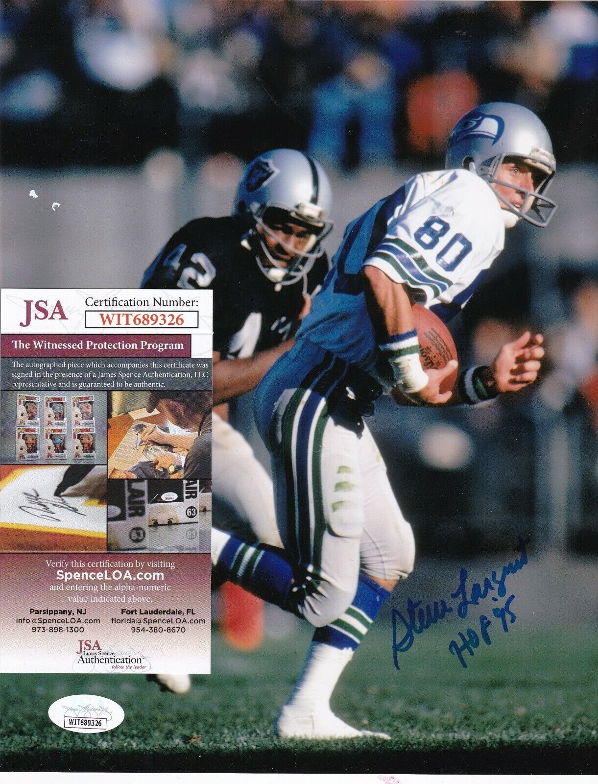 STEVE LARGENT SEATTLE SEAHAWKS HOF 95 ACTION SIGNED 8x10 Photo Poster painting