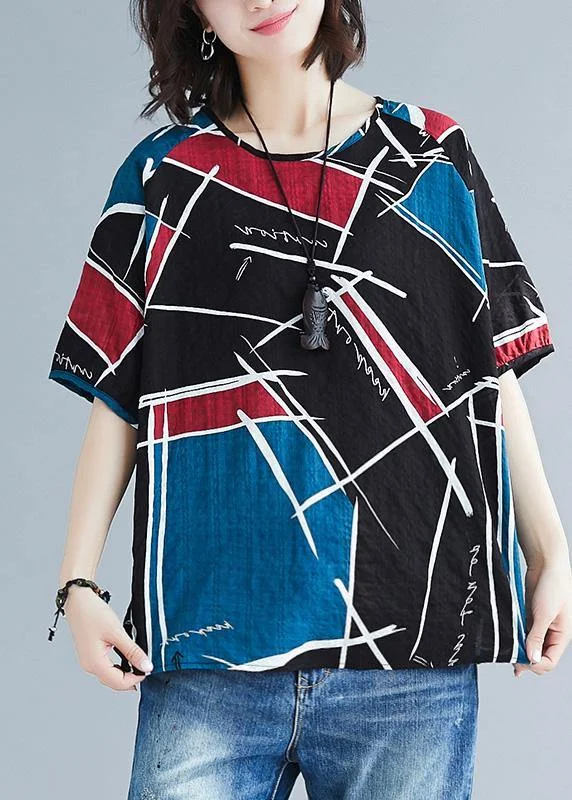 Natural asymmetric prints cotton tunics for women o neck oversized summer blouse