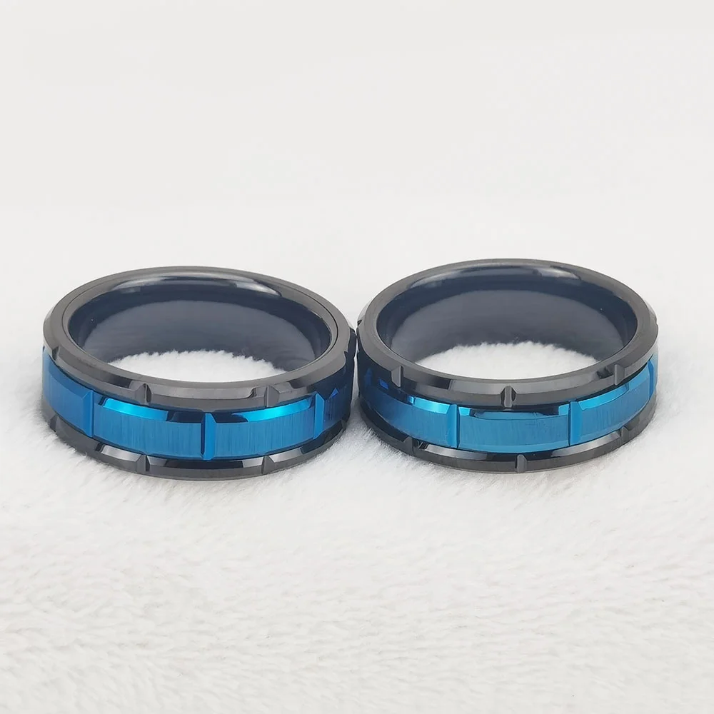 8MM Tungsten Carbide Irregular Groove Blue Middle Black Couple Bands Womens Or Mens