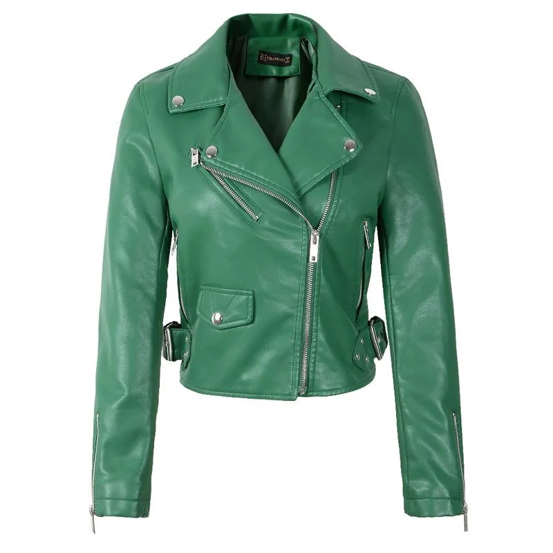 FTLZZ Women Black Faux Leather Jackets Pu Motorcycle Zipper Faux Soft Leather Rivet Zipper Red Pink Turn-down Collar Outerwear