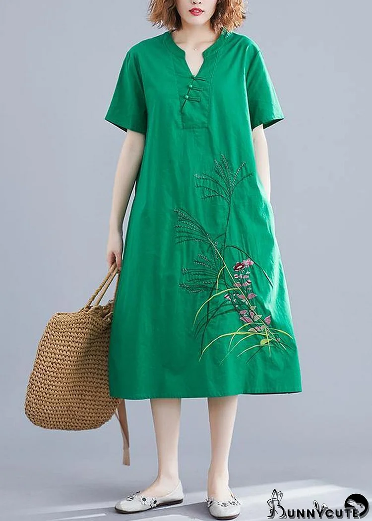 Handmade green embroidery linen Robes Chinese Button cotton summer Dresses