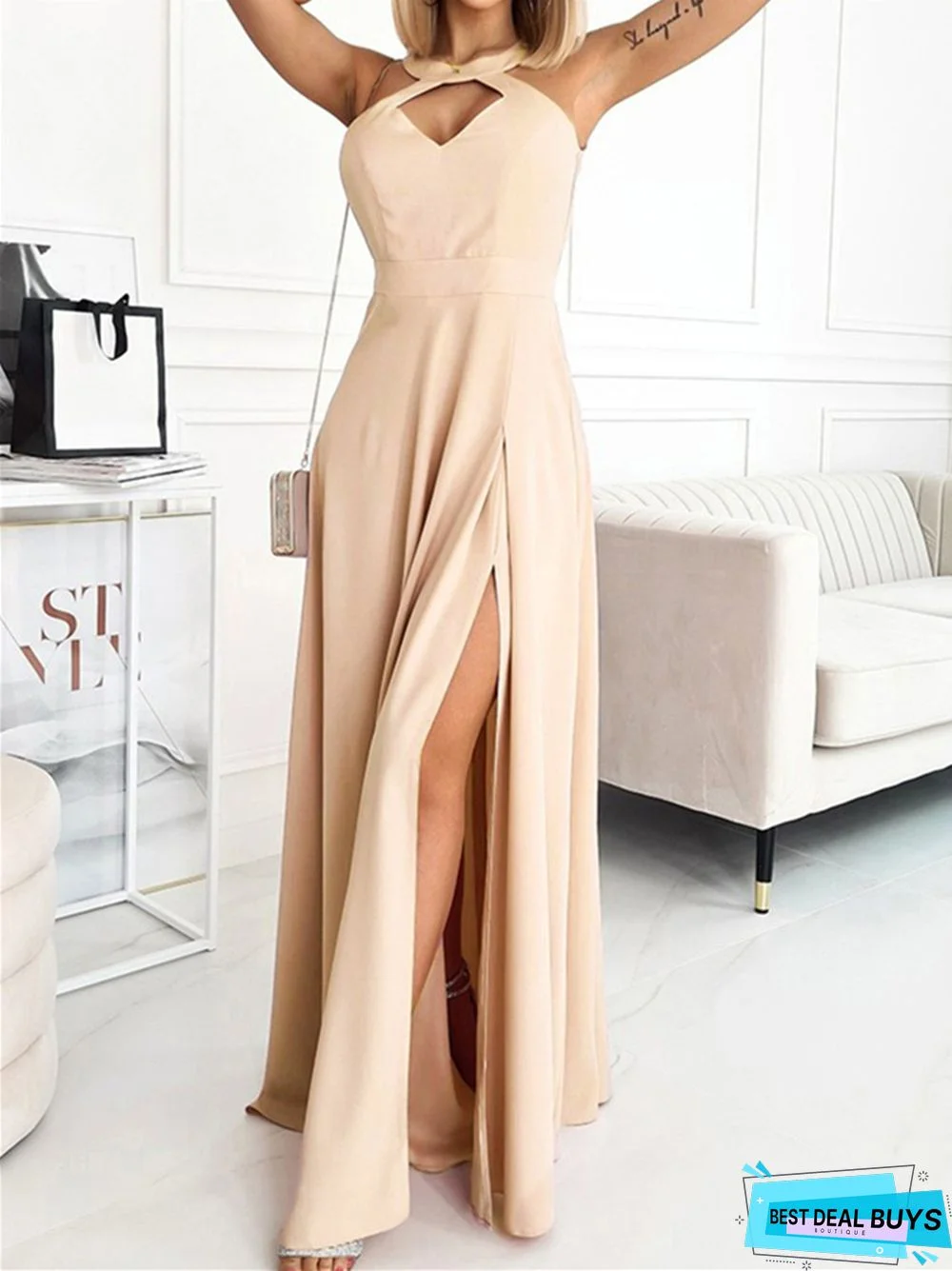 Solid Color Sleeveless Waist Dress Full Skirt