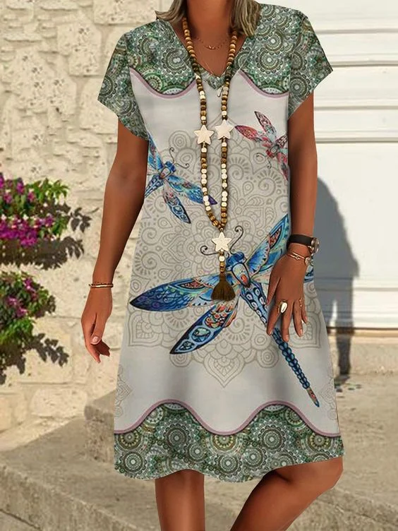 Dragonflies Printed Ethnic Style Dress