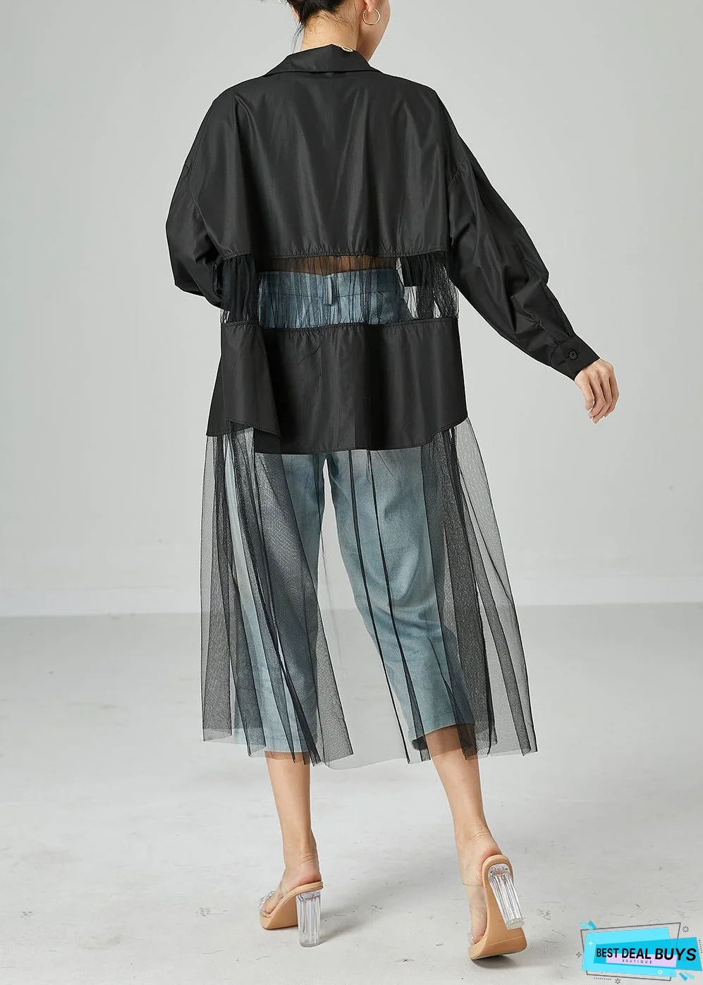 Women Black Oversized Tulle Patchwork Hollow Out Cotton Long Coat Summer