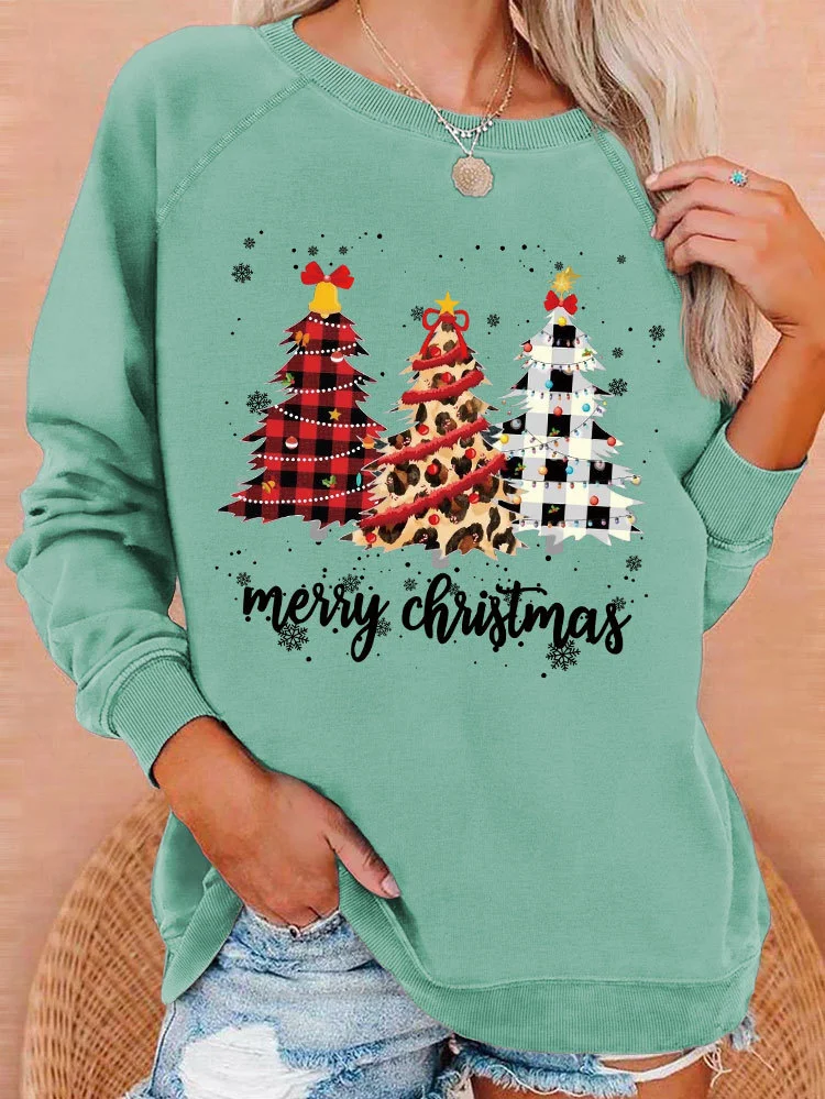 Womens Merry Christmas Tree Print Crewneck Sweatshirt Funny Print Holiday Sweatshirt