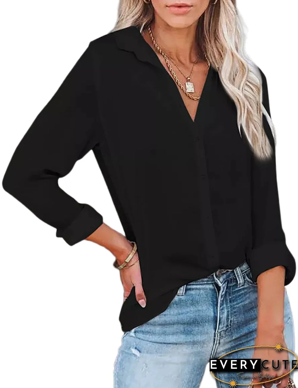 Black Solid V Neck Buttoned Long Sleeve Shirt