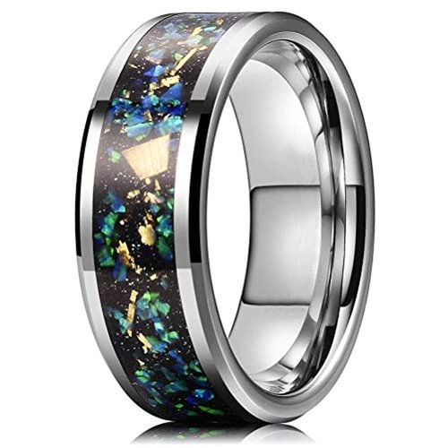 Women's Or Men's Tungsten Carbide Wedding Band Matching Rings,Silver Band And Multiple Color Rainbow Opal Inlay with Organic Tones Ring With Mens And Womens For Width 4MM 6MM 8MM 10MM