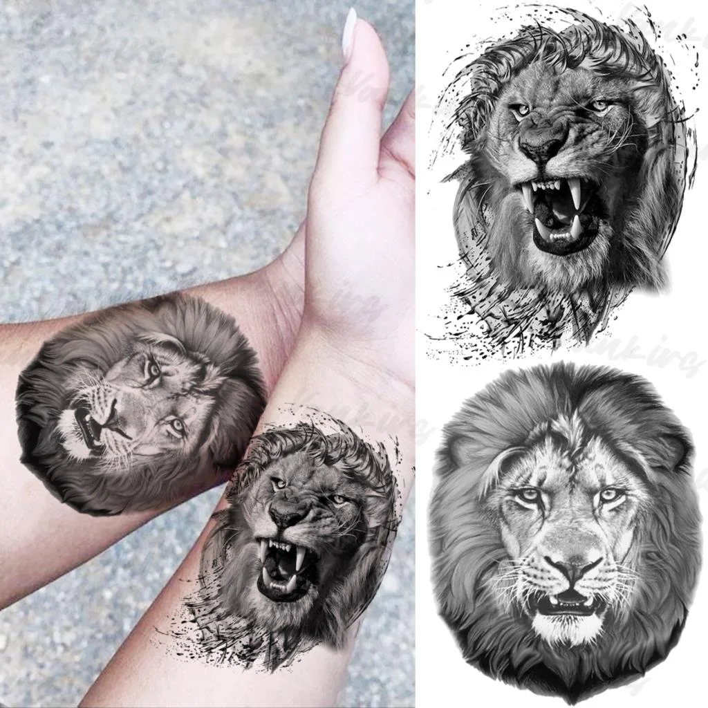 Sdrawing Lion Knight Temporary Tattoos For Men Adults Realistic Tiger Skeleton Fake Tattoo Sticker Arm Water Transfer Tatoos 3D