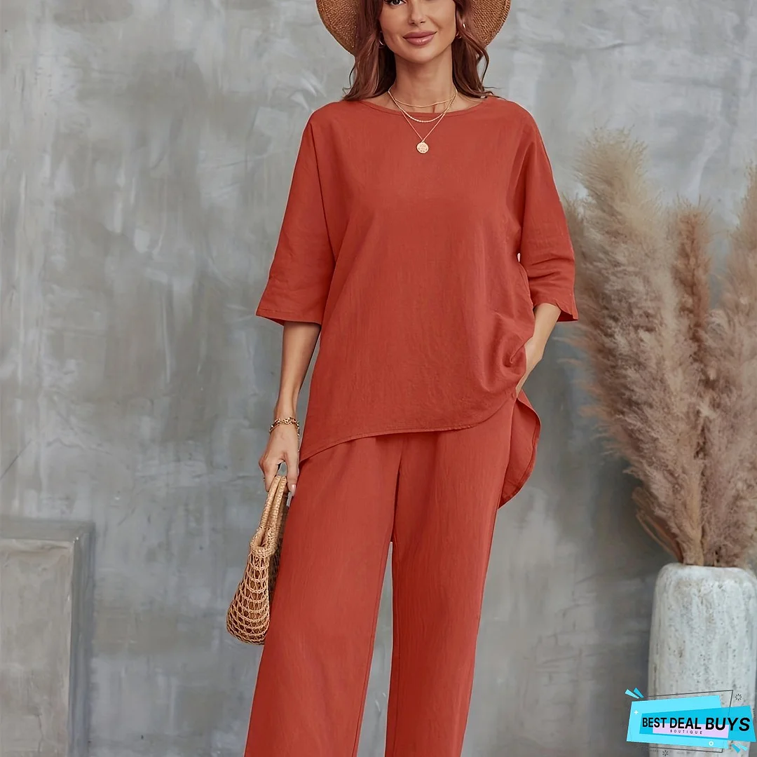Solid Casual Two-piece Set, Crew Neck Half Sleeve Tee & Wide Leg Pants Outfits, Women's Clothing