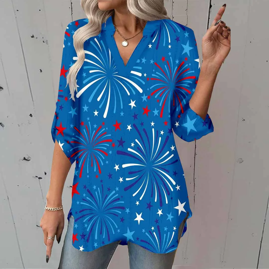 Women  Independence Day, Star, Striped, Blue, Red DZGA0224 3/4 Sleeve V-neck Printed Graphic Button Tops