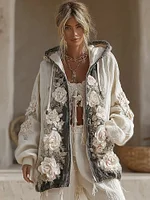 Women's Vintage White Rose Patchwork Cozy Warm Hoodie