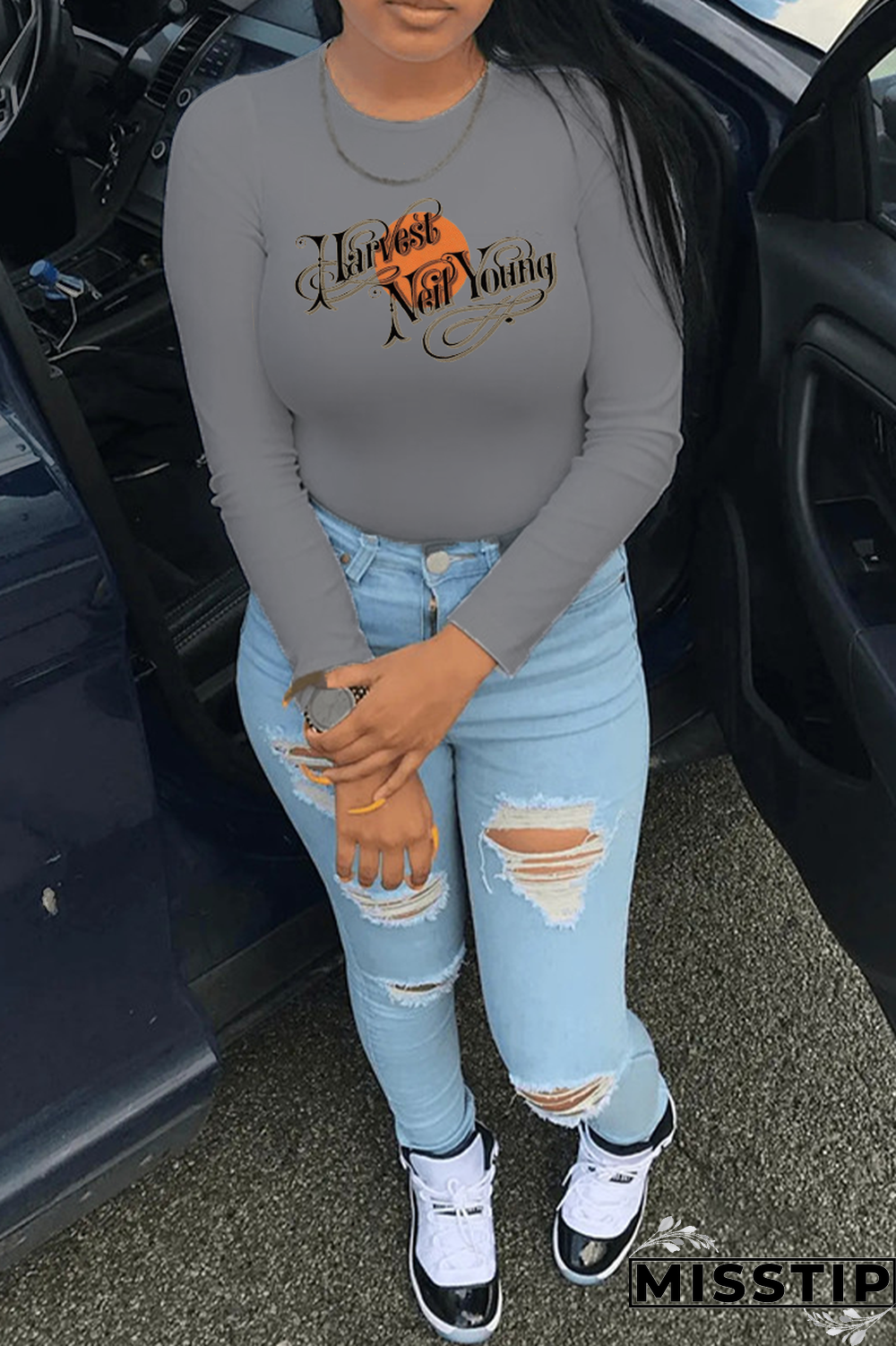 Navy Blue Casual Street Print Patchwork Letter O Neck Tops