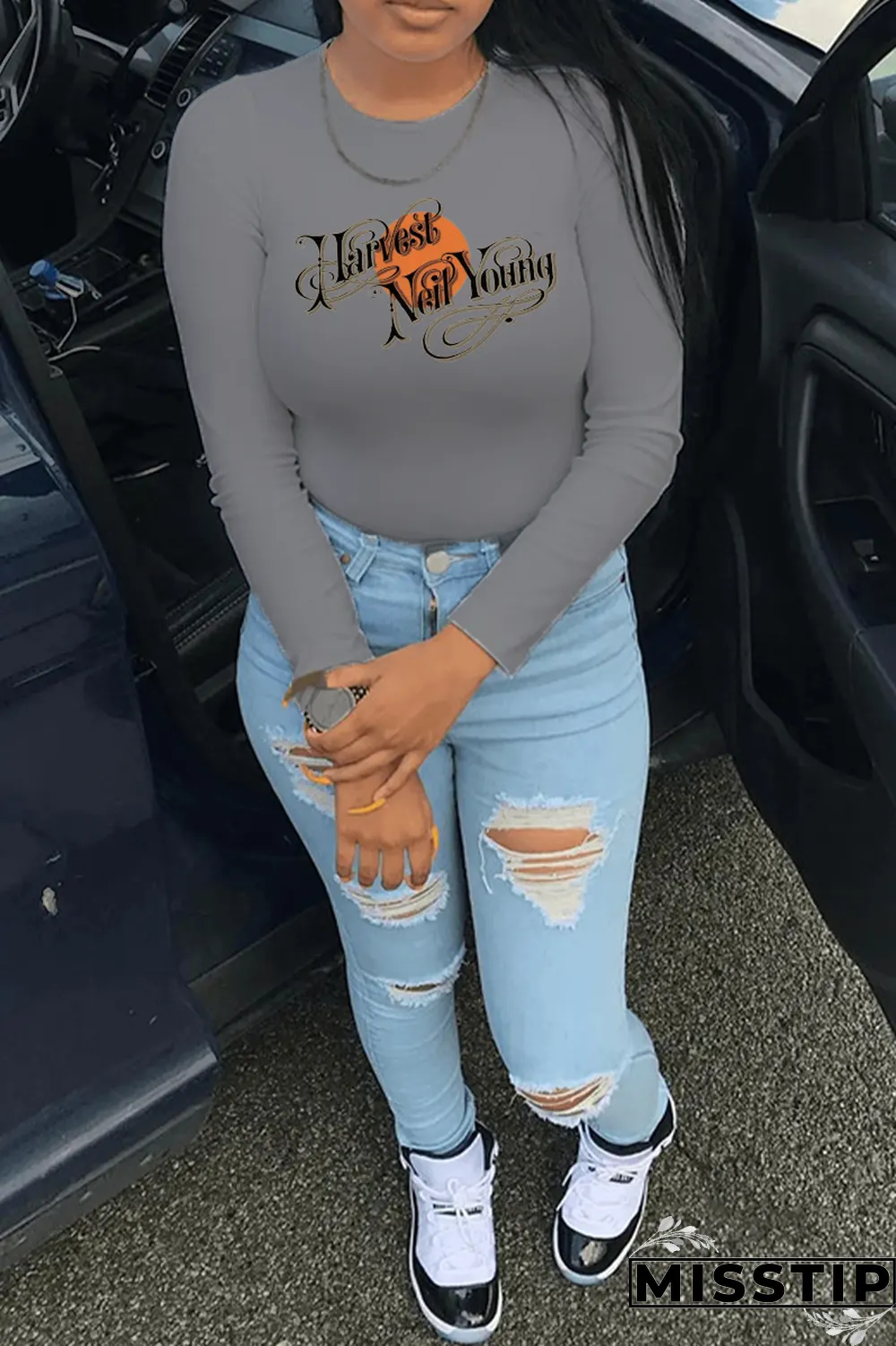 Navy Blue Casual Street Print Patchwork Letter O Neck Tops