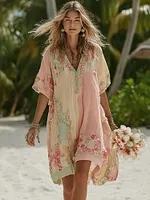 Women's Vintage Pink Floral Art Short Sleeve Midi Dress