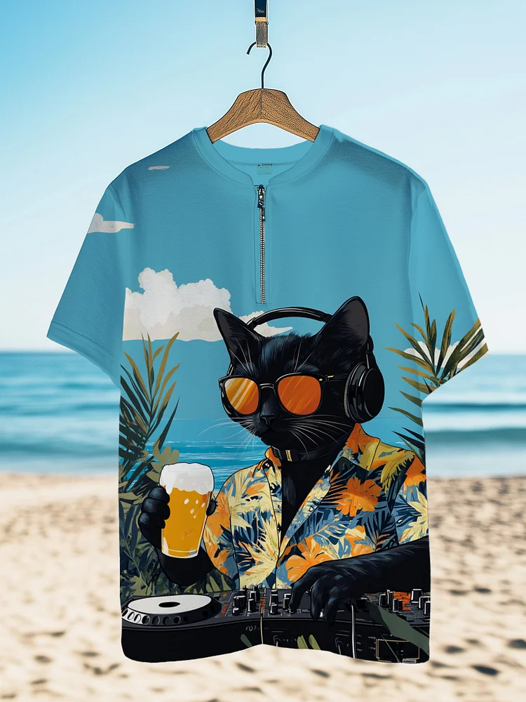 Men's DJ Black Cat Printed Half Zip T-Shirt