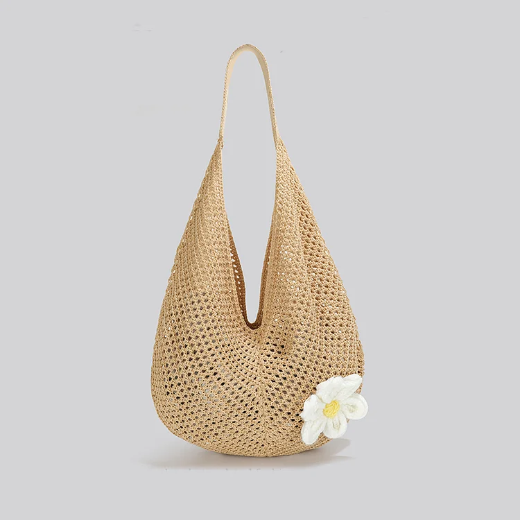 Lulusnow Handmade Khaki Beach Summer Bag,Vintage Foldable Handbag for Travel Crochet Shoulder Bag  Minimalist Lifestyle