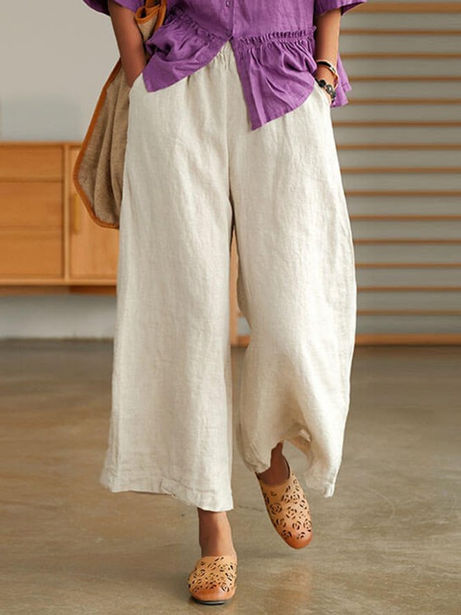 Loosen Casual Cotton Blends Straight Wide Leg Ninth Pants B166- Fabulory