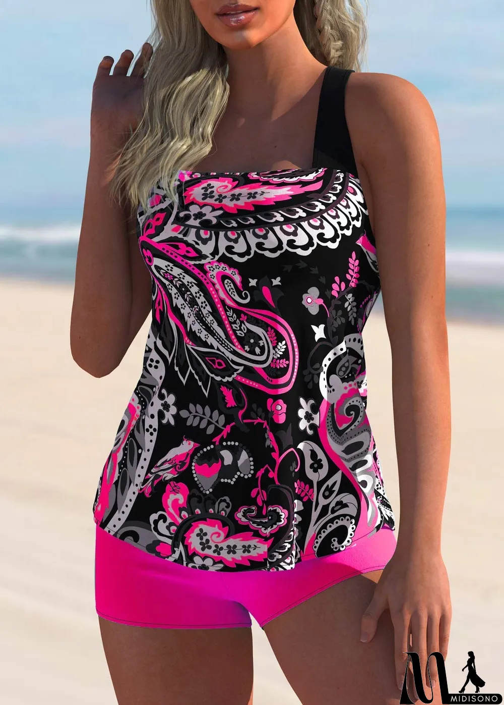 MidiSono - Plus Size Swimwear Sleeveless Floral Printed Geometric Tankini