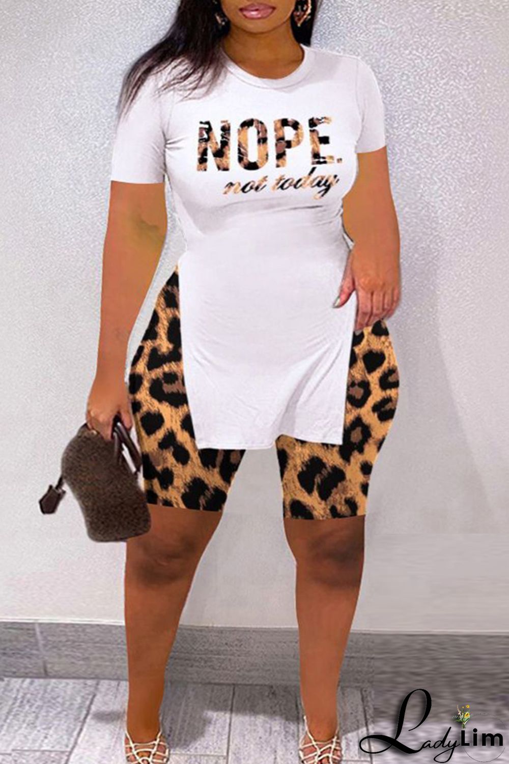 Yellow Fashion Casual Letter Print Slit O Neck Plus Size Two Pieces