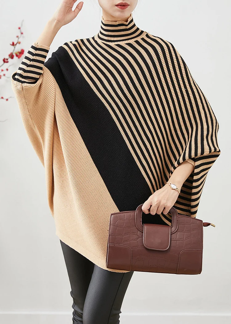 Unique Khaki Oversized Patchwork Striped Knit Sweater Tops Winter