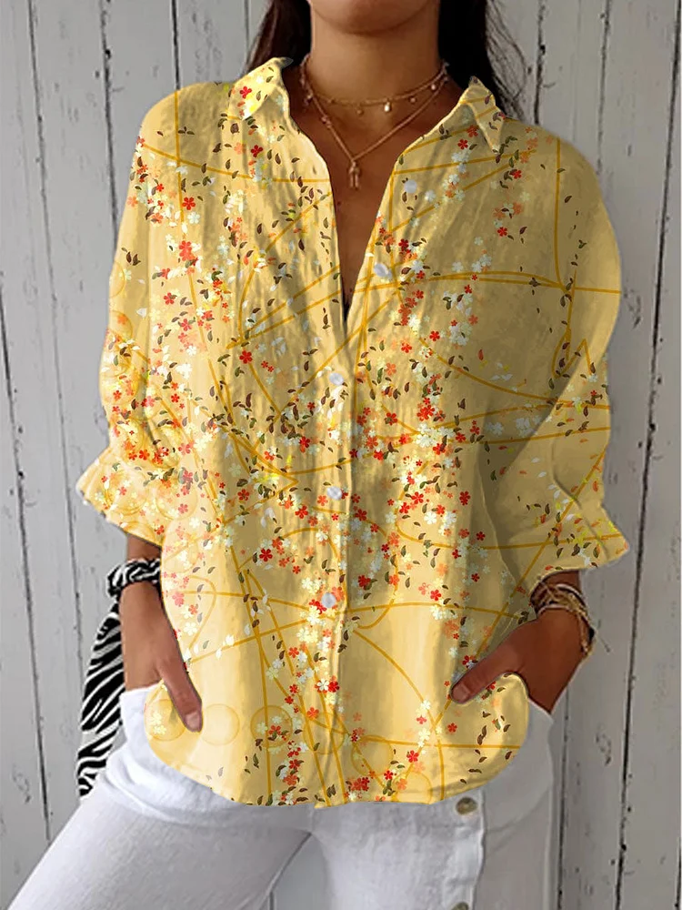 Women's Bright Flower Art Print Casual Linen V-neck Shirt