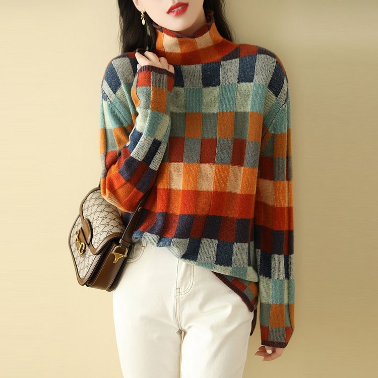As Picture Checkered/plaid Vintage Cotton-Blend Shift Sweater