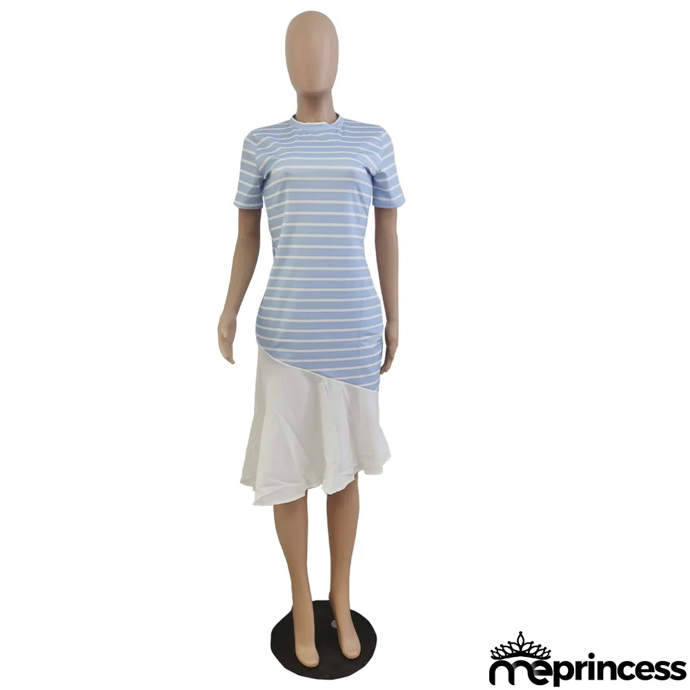 Women'S Spring Summer Stripe Print Patchwork Short Sleeve Dress Without Belt